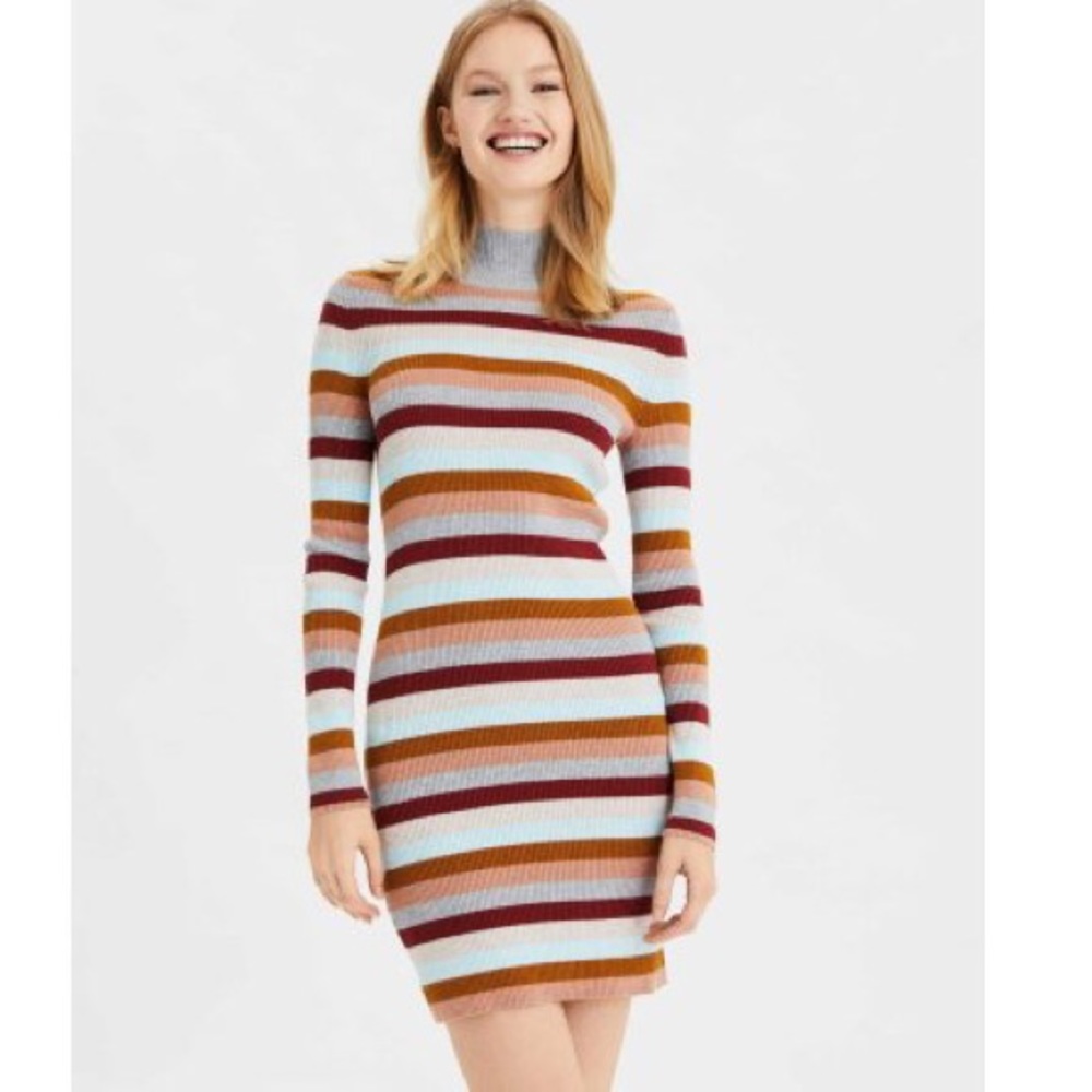 AMERICAN EAGLE Mock Neck Striped Sweater Dress